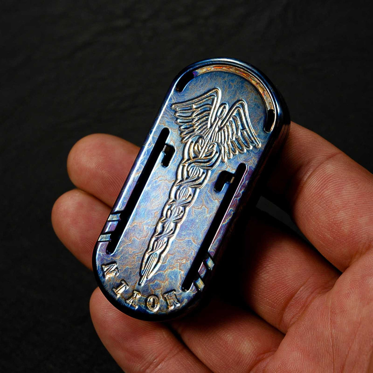 Scepter Titanium Tuning-Fork Fidget Slider — Storm-Pattern Titanium