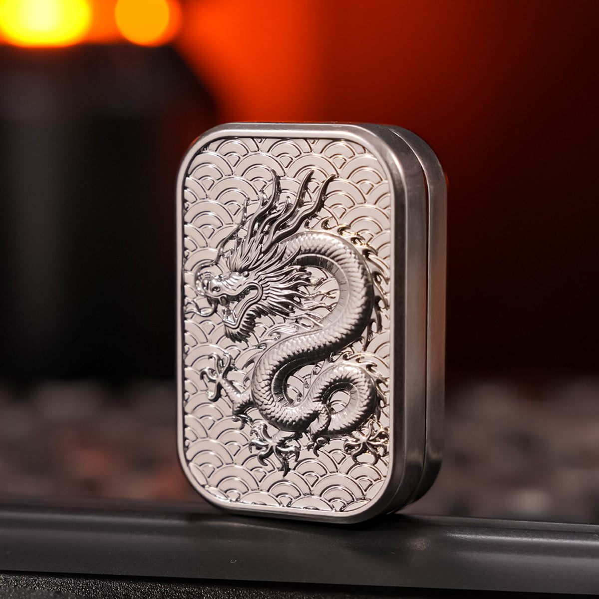 Dragon-Relief Infinite-Position Magnetic Fidget Slider — Silver-Tone Dragon Relief