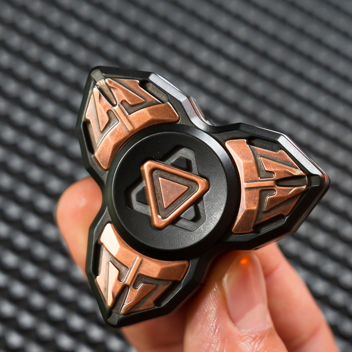 Expeller Three-Lobe Opening-Armor Metal Fidget Spinner — Dark Body with Copper-Tone Armor