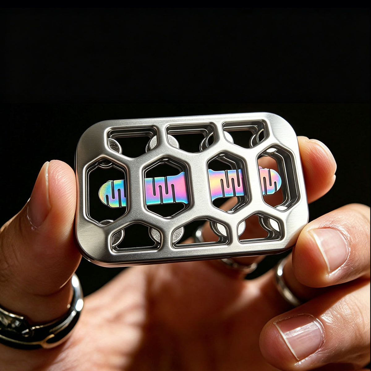 Silver-tone open-frame slider held in a hand, with hexagonal windows and an iridescent slotted insert.