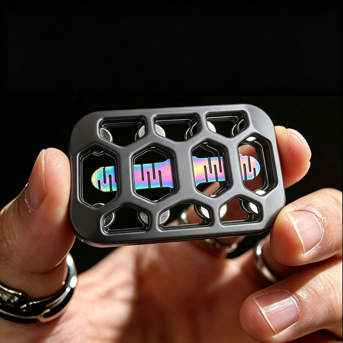 Black open-frame slider with hexagonal windows and an iridescent slotted insert, held in a hand.