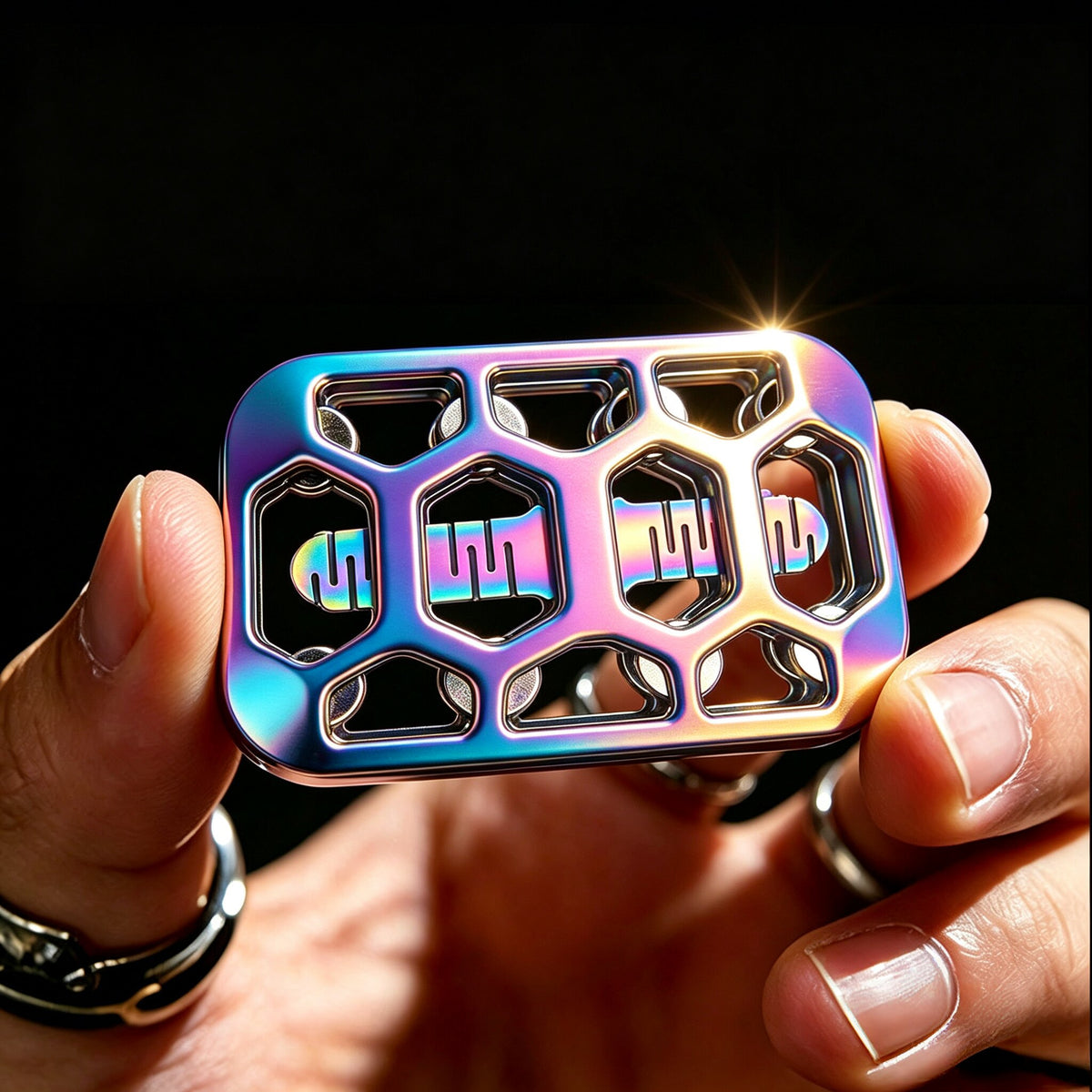 Rainbow-finish open-frame slider with matching iridescent slotted insert and hexagonal windows.