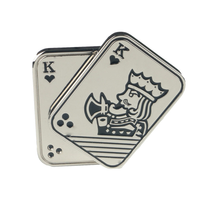 Silver-tone King of Hearts slider with its two decorated plates offset.
