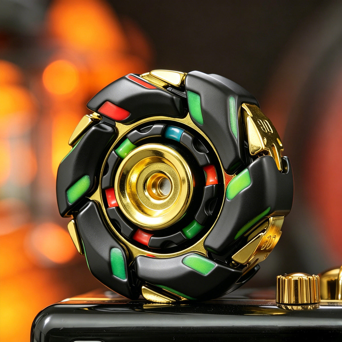 08 Zinc-Alloy Opening-Armor Fidget Spinner Sets — Black / Gold No. 2 — Glow + UV Light