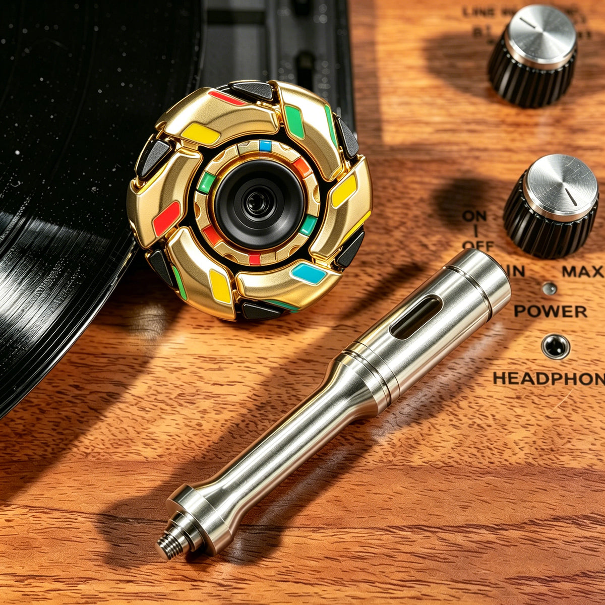 08 Zinc-Alloy Opening-Armor Fidget Spinner Sets — Black / Gold No. 1 — Glow + UV Light + Scepter