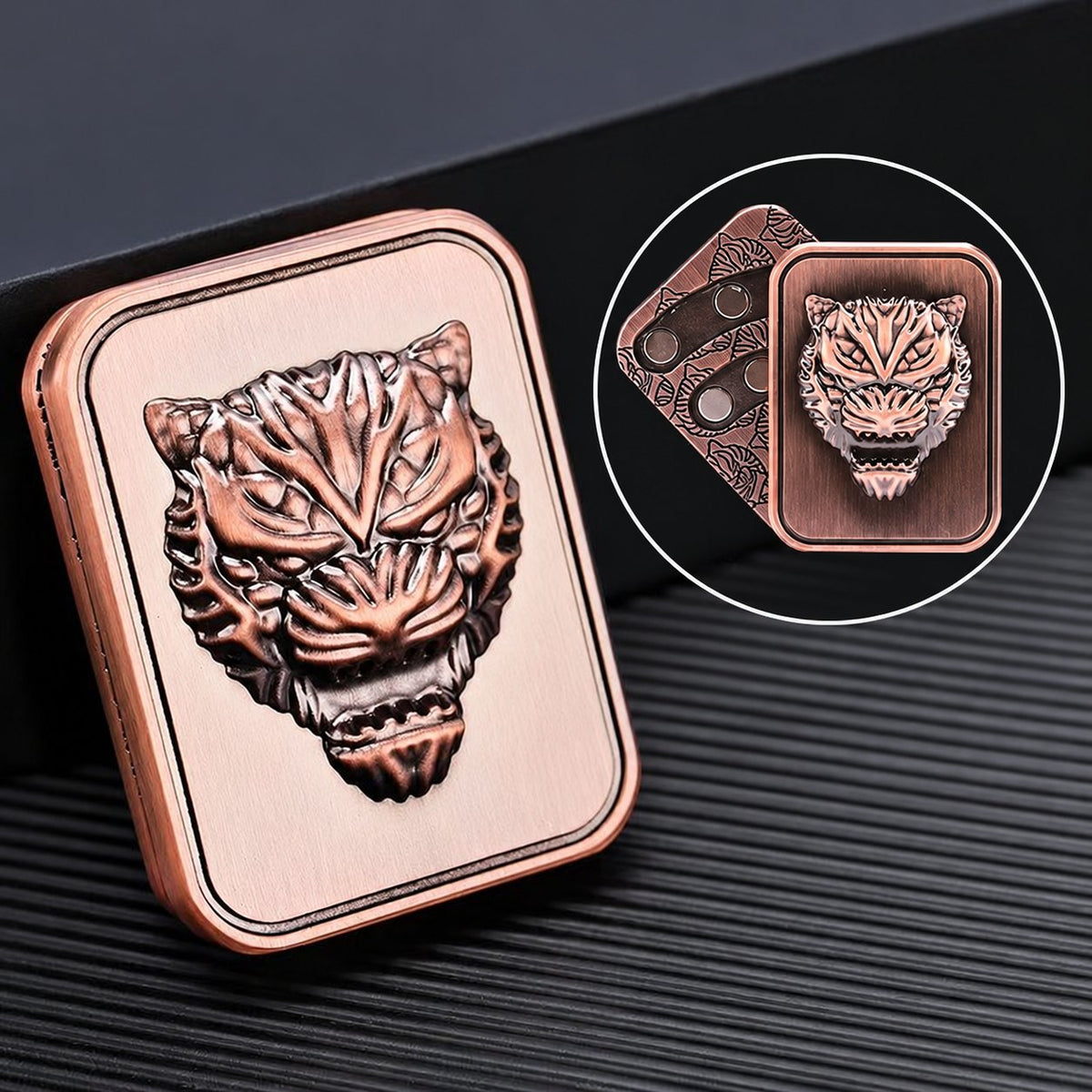 Tiger Relief Two-Layer Metal EDC Diagonal Fidget Slider — Copper-Tone Tiger