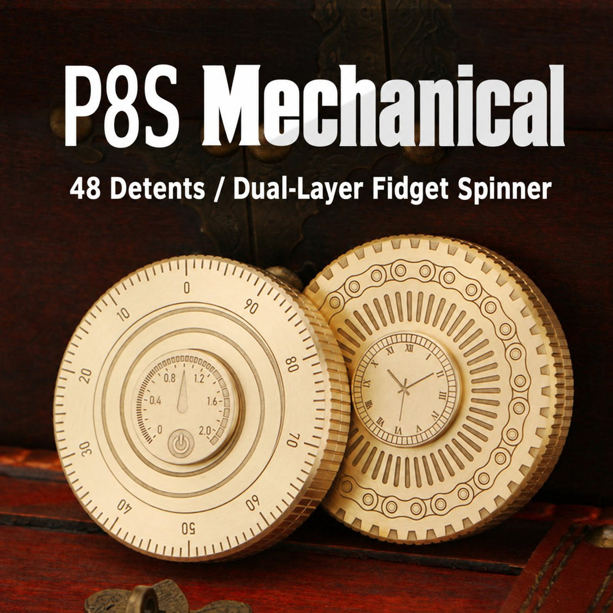 P8S Mechanical Charm brass spinner showing clock and gauge sides