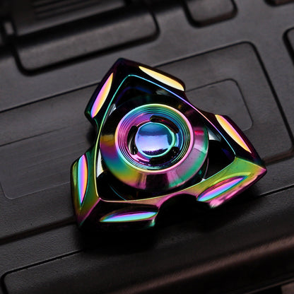 Iridescent zinc-alloy Siren spinner with a multicolor finish, triangular open frame and circular center grip.