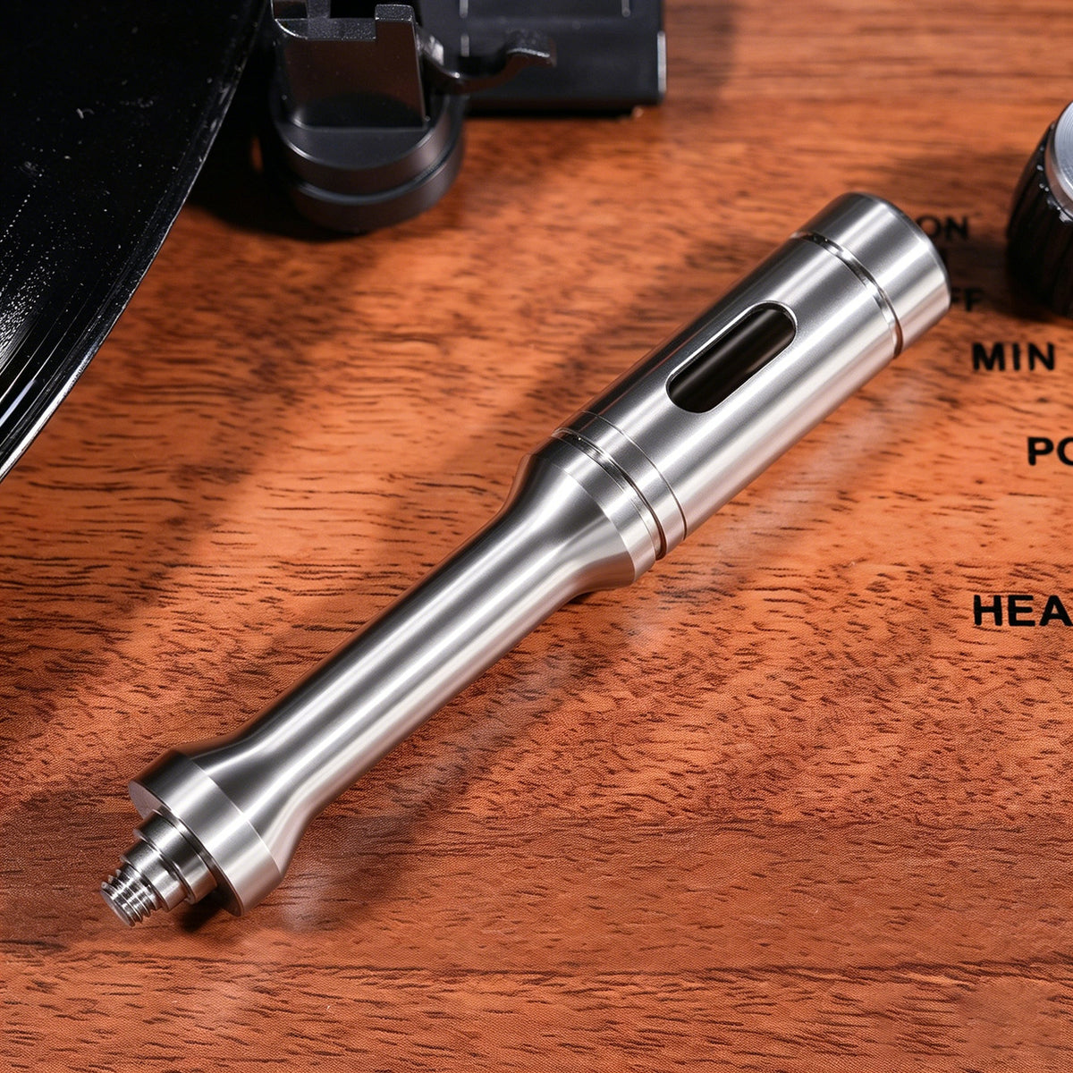 Separate silver-tone 08 scepter handle with slotted cylindrical grip and threaded tip