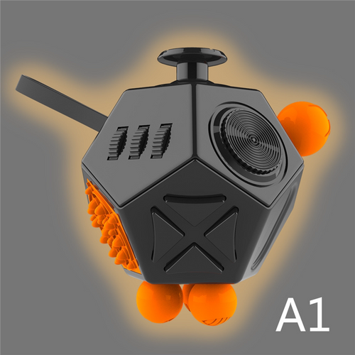 Black and gray twelve-sided fidget toy with orange silicone details, a black joystick and triangular buttons.