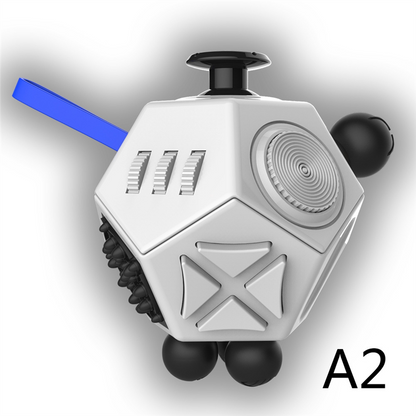 White twelve-sided fidget toy with black silicone details, a blue loop and light-colored gears and buttons.