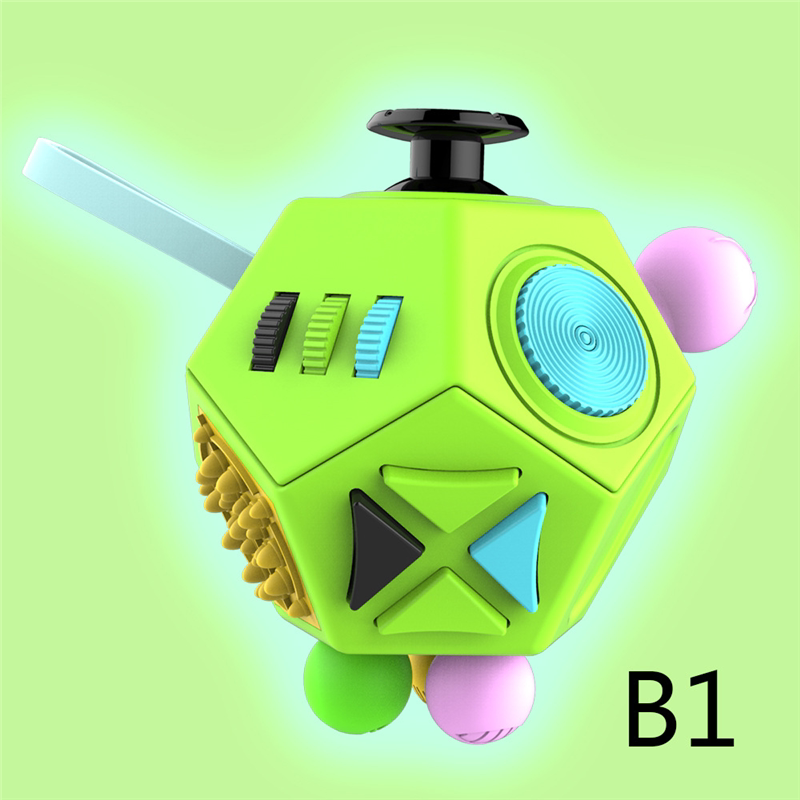 Bright green twelve-sided fidget toy with mixed-color controls and silicone details.