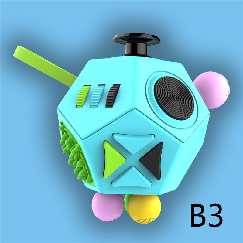 Blue twelve-sided fidget toy with multicolored controls, a circular dial and triangular buttons.