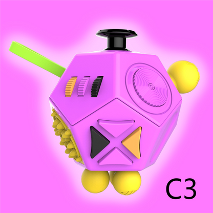 Purple twelve-sided fidget toy with contrasting orange, yellow and black details.