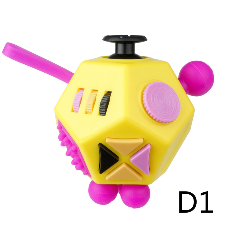 Yellow twelve-sided fidget toy with pink silicone details, three gears and triangular buttons.
