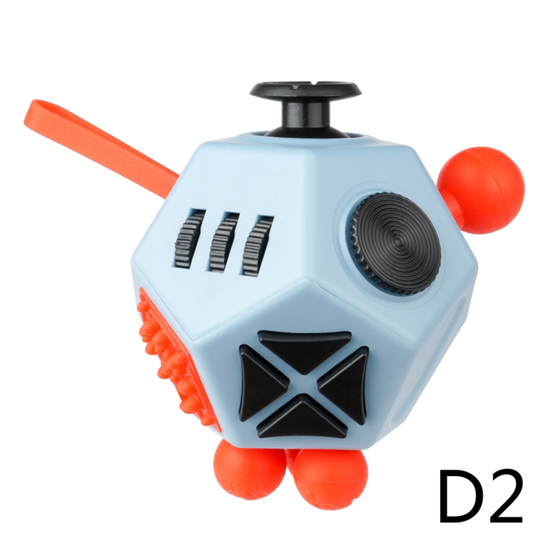 Light blue-gray twelve-sided fidget toy with orange silicone details and black controls.