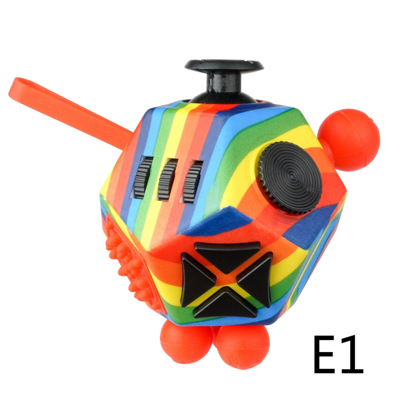 Rainbow-striped twelve-sided fidget toy with orange silicone details and black controls.