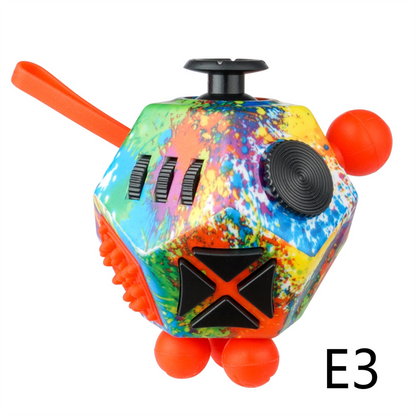Multicolored paint-splatter twelve-sided fidget toy with orange silicone details and black controls.