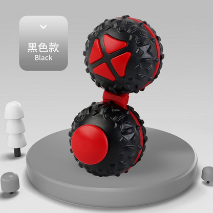 Black connected dual-ball fidget toy with red controls and raised surface texture.