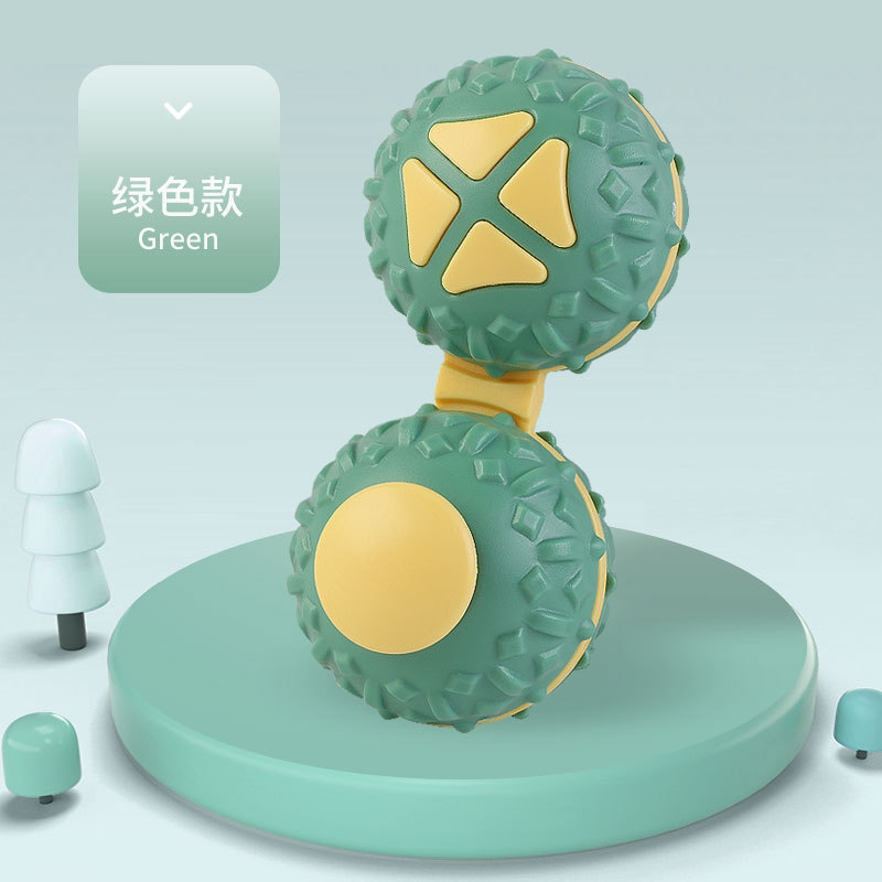 Green connected dual-ball fidget toy with yellow triangular buttons and a yellow round control.