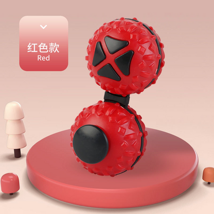 Red connected dual-ball fidget toy with black triangular buttons and a black round control.