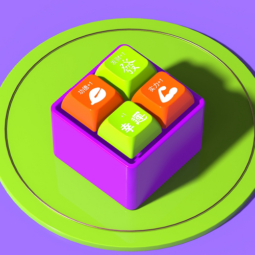 Four-key keyboard-shaped fidget with a purple body and orange and lime keycaps, displayed on a green circular platform.