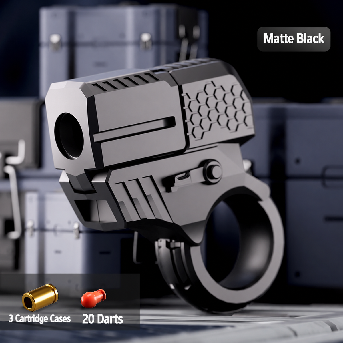 Hex-Pattern Mini Ring-Grip Dart Launcher Toy Set — Matte Black