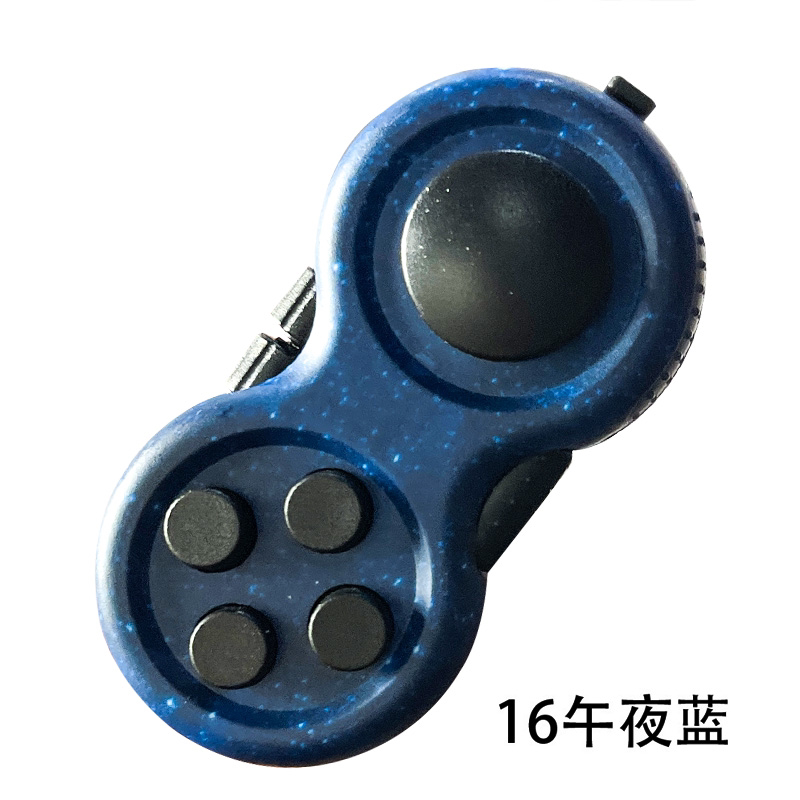 Midnight-blue speckled mini controller fidget with black buttons and a black joystick.