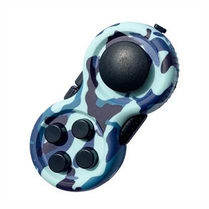 Blue camouflage mini controller fidget with a black joystick and four black buttons.