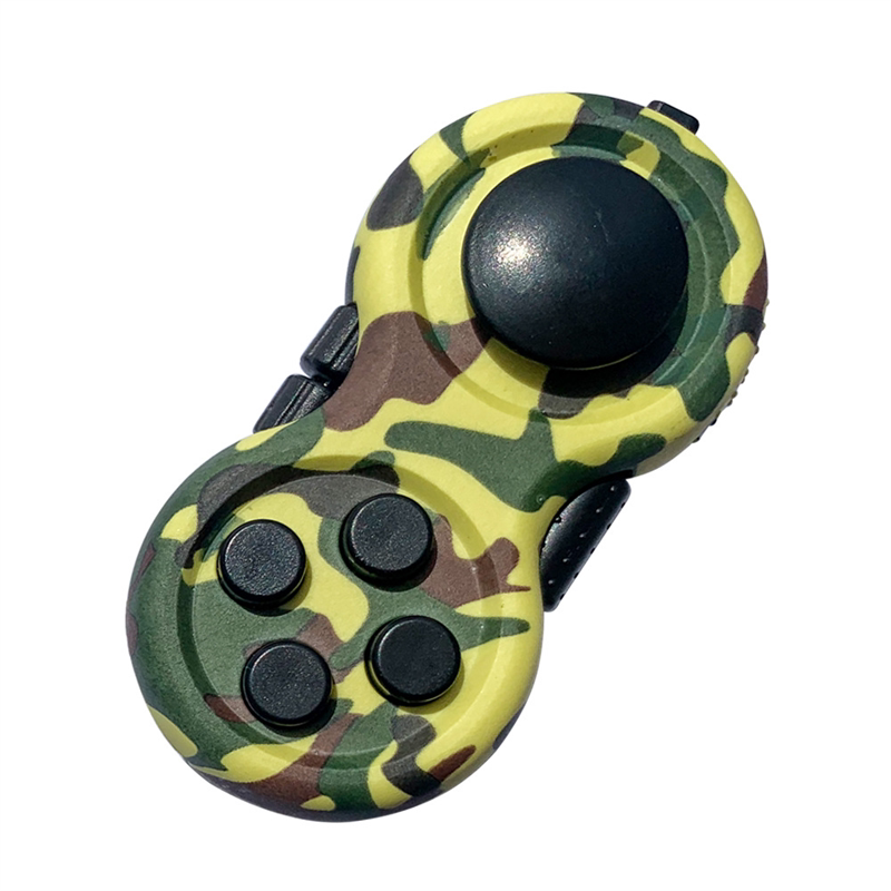 Green camouflage mini controller fidget with black buttons and a black joystick.