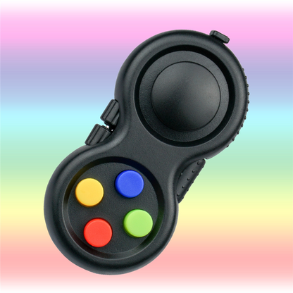 Black mini controller fidget with yellow, blue, red and green buttons and a black joystick.