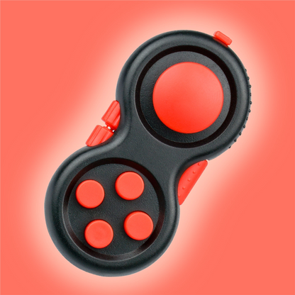 Black mini controller fidget with red buttons, joystick and edge controls.