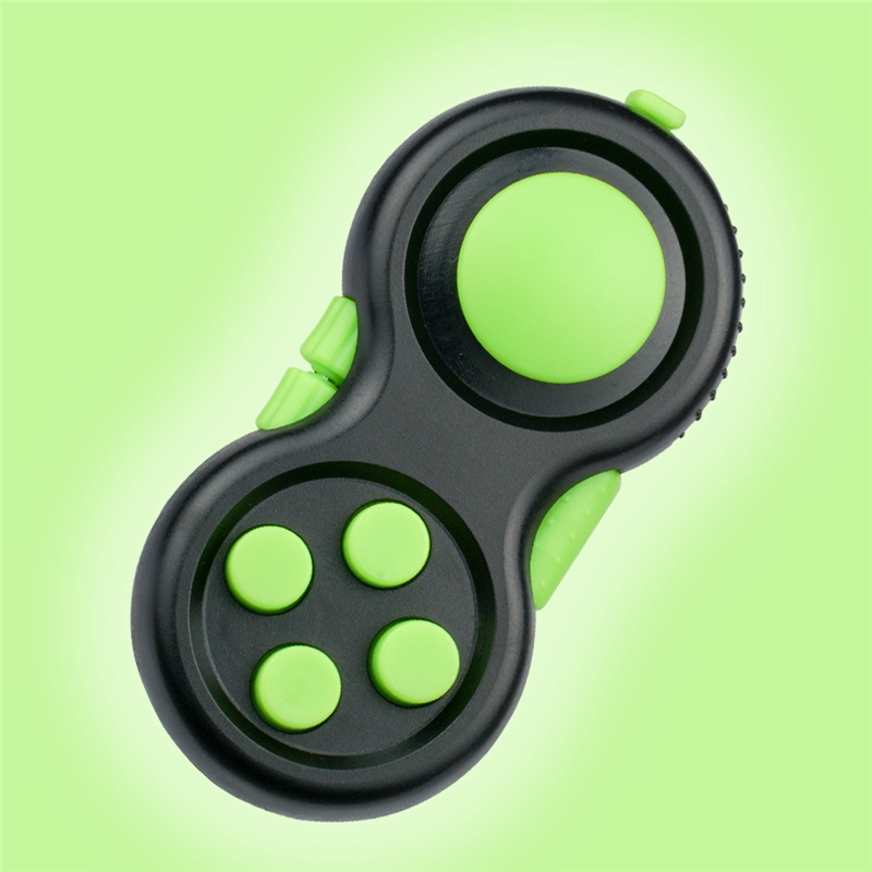 Black mini controller fidget with lime-green buttons, joystick and edge controls.