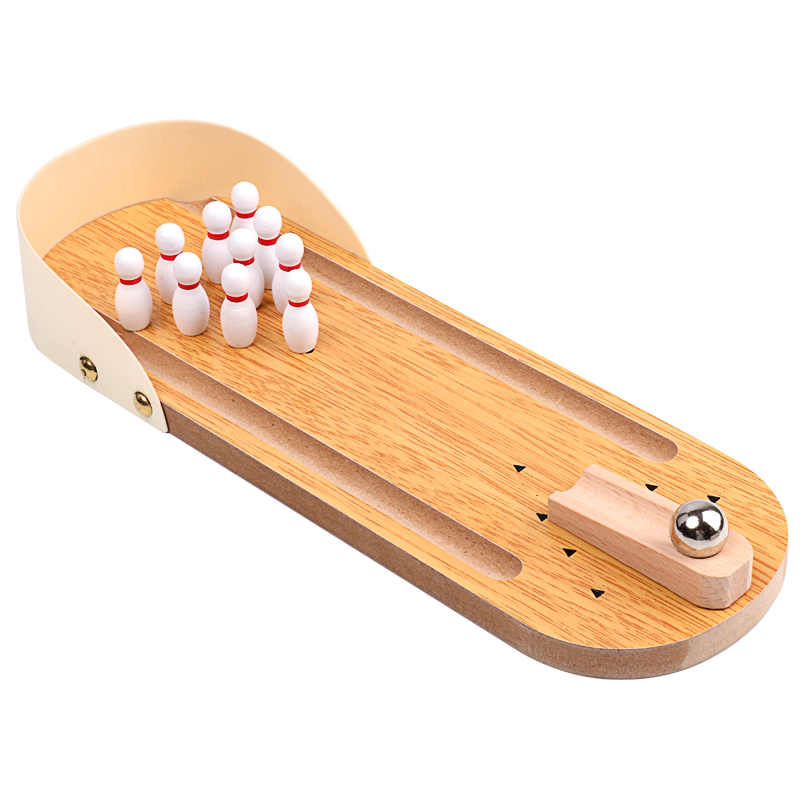 Mini Wooden Desktop Bowling Game — Wooden Lane + 10 Pins + Steel Ball + Guide