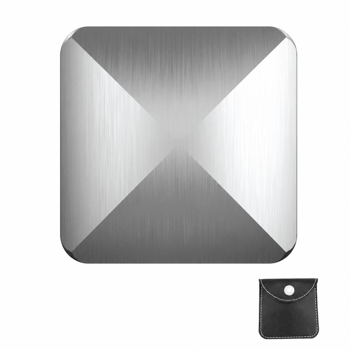 Silver-tone four-sided Flipo Flip fidget with storage pouch
