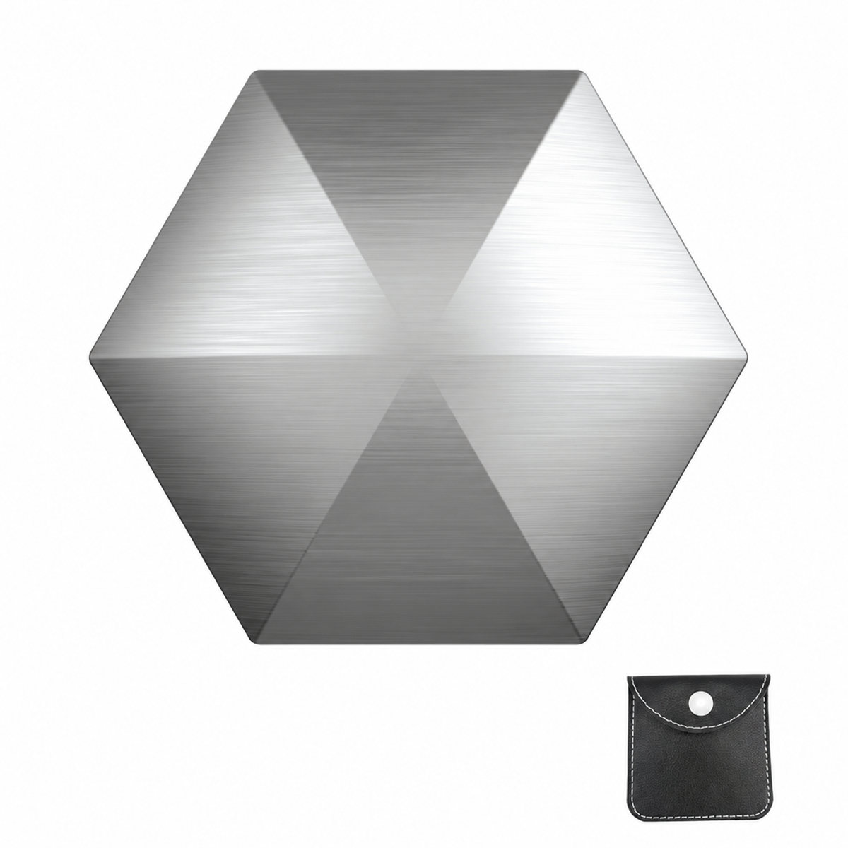 Silver-tone six-sided Flipo Flip fidget with storage pouch