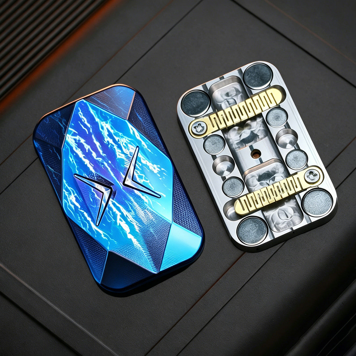 Two interacting sections of one Blue Storm X4L slider, showing the internal contact mechanism