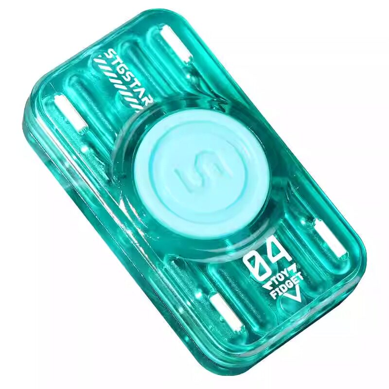 Translucent blue-green glow-tube fidget slider with a round spinner cap