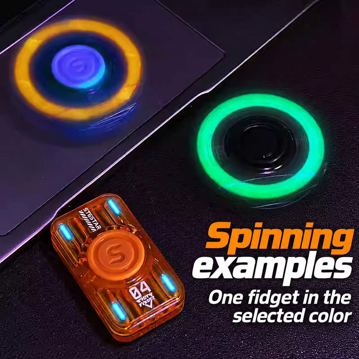 Glow-tube fidget spinning examples; one fidget in the selected color