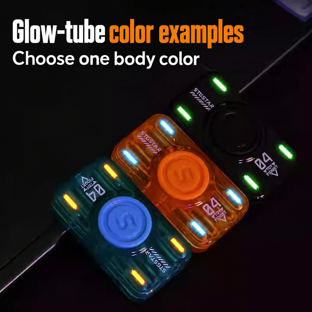 Glow-tube color examples on black, blue and yellow bodies; choose one body color