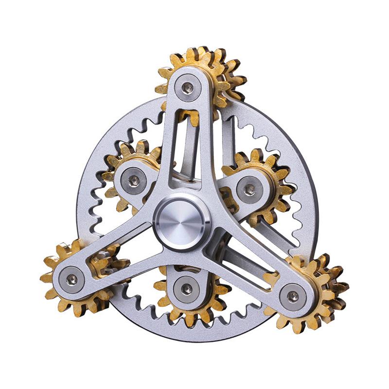Silver-tone open-frame gear-linked spinner on a white background