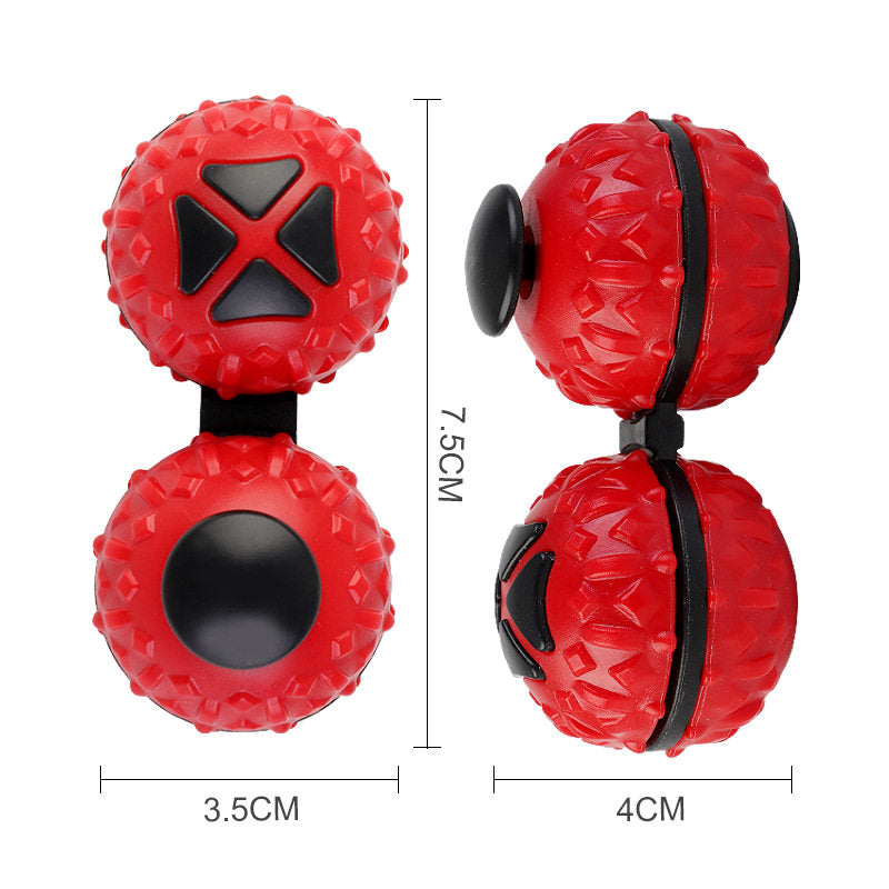 Front and side dimension views of one red dual-ball fidget toy