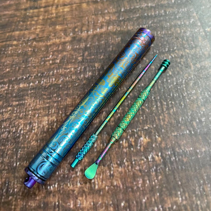 Patterned Titanium Toothpick & Ear Pick: case toothpick and ear pick arranged on wood (gallery view 03).