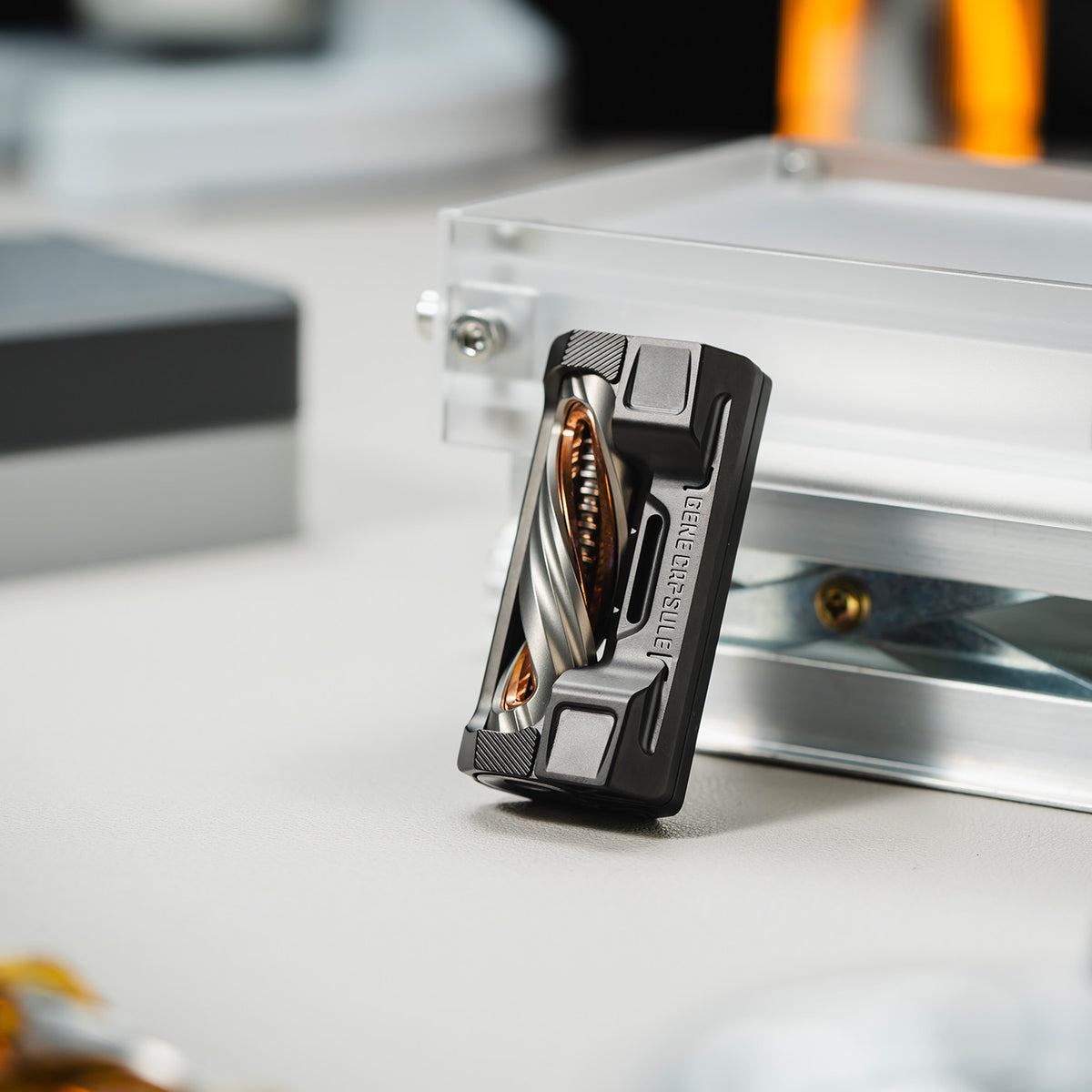 01EDC Gene Capsule Mechanical Fidget Slider with a Linked Double-Helix Display — Obsidian Black — Titanium Alloy