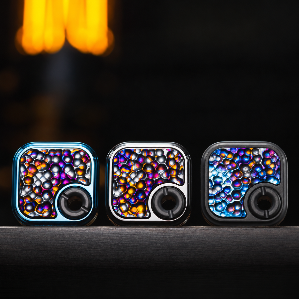 Hammered patterned-zirconium inlay finish comparison, including the selected ice-blue body; one selected slider supplied