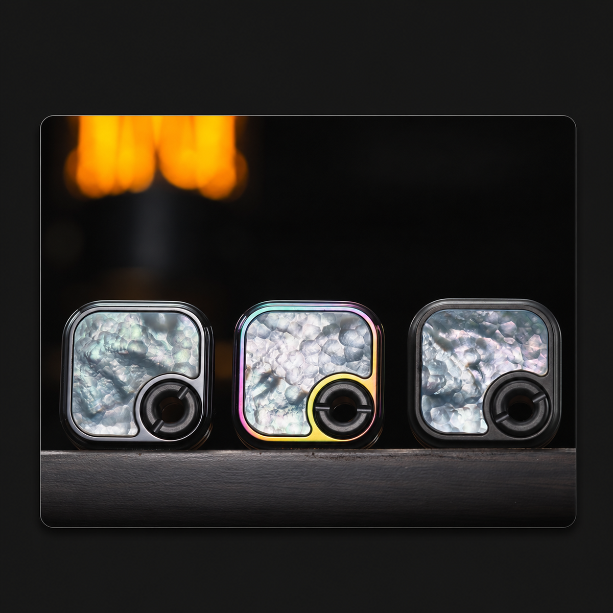 Hammered mother-of-pearl finish comparison: black, rainbow and sandblasted zirconium; one selected slider supplied