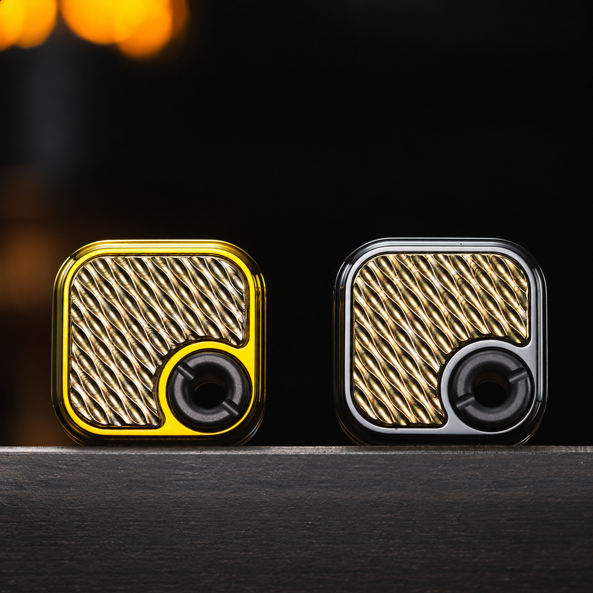Wave brass inlays compared on gold and black zirconium bodies; one selected slider supplied